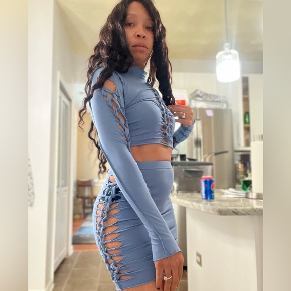 Fashion Nova Kara Cut Out Denim Blue Long Sleeve Mini Skirt Set - Picture 7 of 16